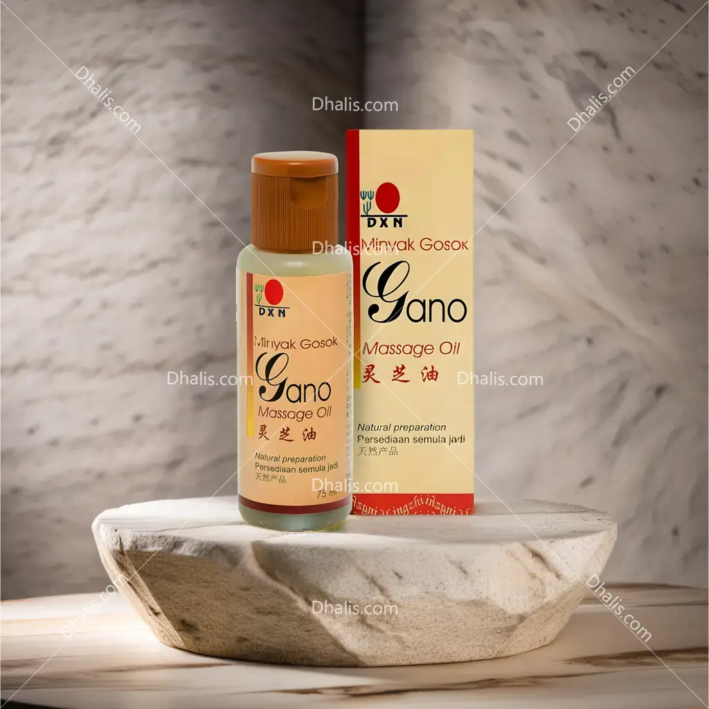 DXN Gano Massage Oil with Reishi Mushroom for pain relief, muscle relaxation, and skin nourishment